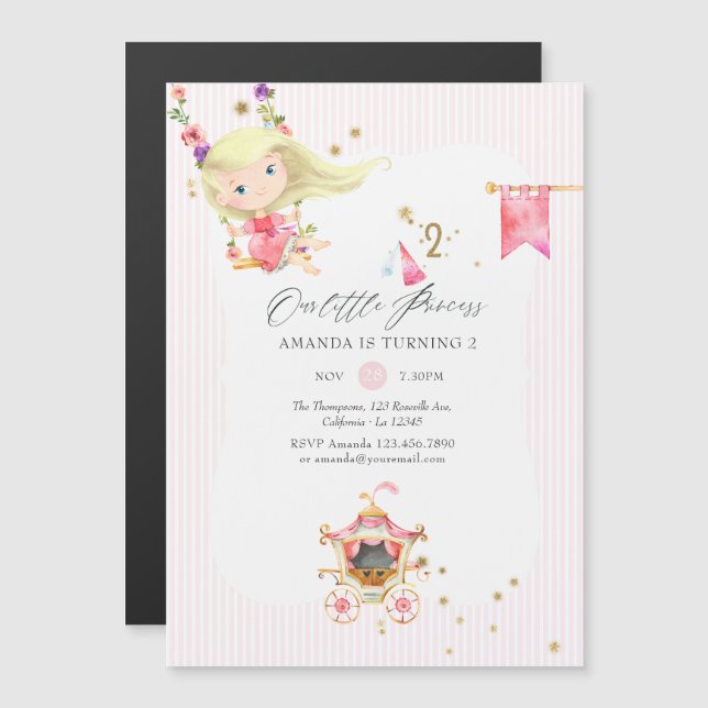 Pink and Gold Princess Girl 2nd Birthday Party Magnetic Invitation (Front/Back)