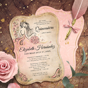 Pink and Gold Princess Quinceanera Birthday Invitation