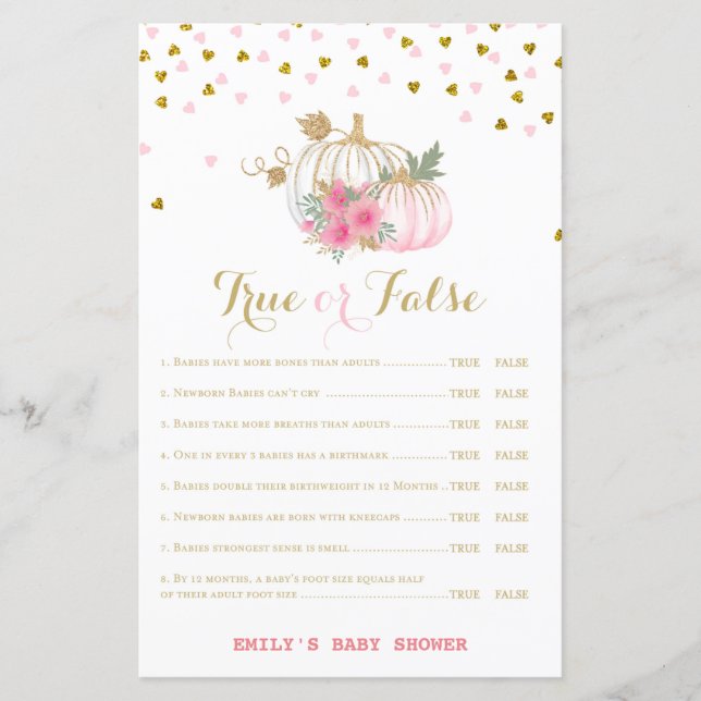 pink and Gold Pumpkin Baby Shower Game (Front)