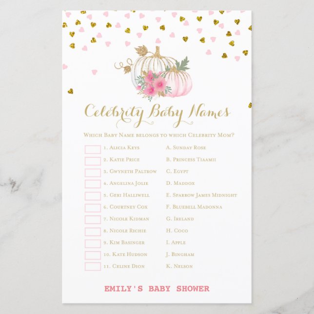 pink and Gold Pumpkin Baby Shower Game (Front)