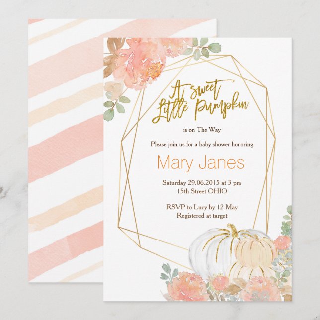 Pink and gold pumpkin baby shower watercolor invitation (Front/Back)