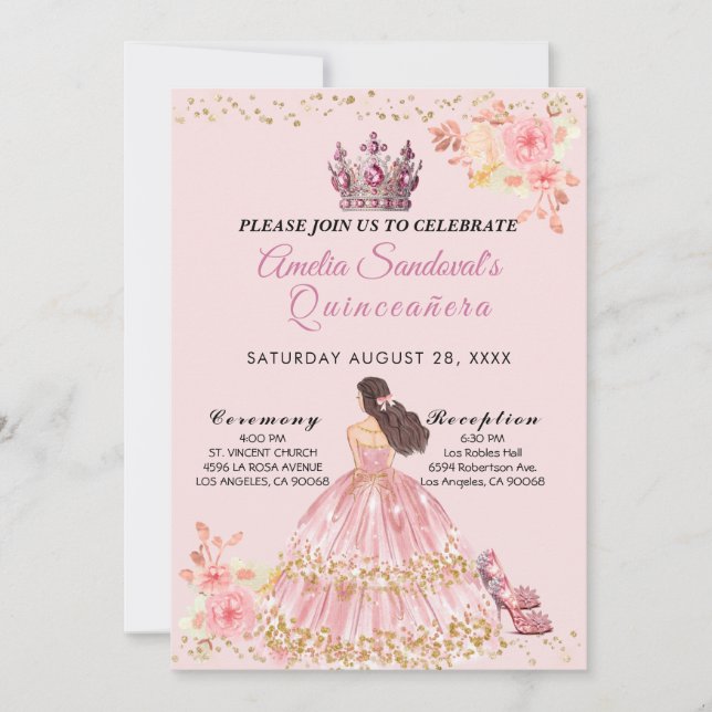 Pink and Gold Quinceanera Floral Invitation (Front)