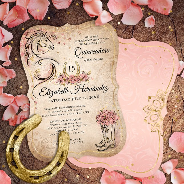 Pink and Gold Quinceanera Rustic Horse Birthday Invitation (Creator Uploaded)