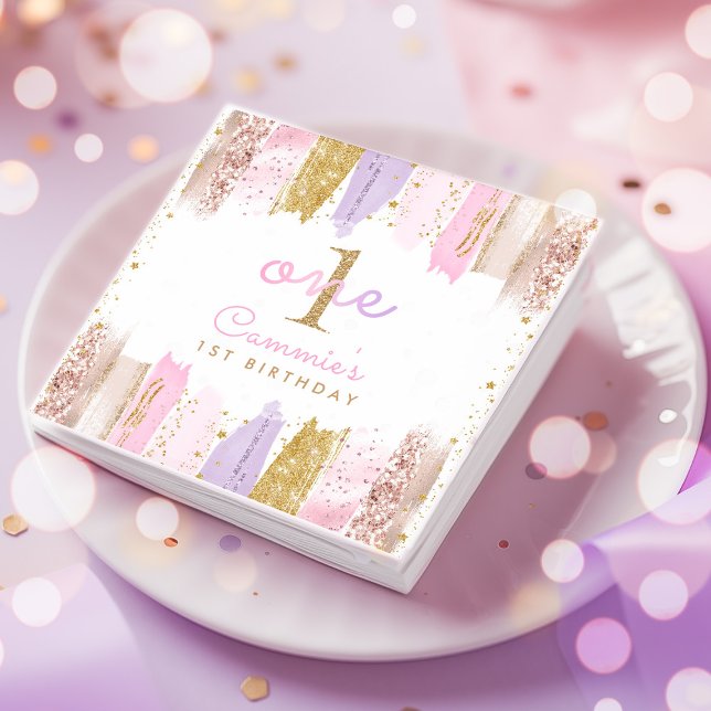 Pink And Gold Rainbow 1st Birthday Party Napkin (Creator Uploaded)