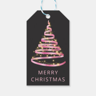 Pink and Gold Ribbon & Glitter Christmas Tree Gift Tags