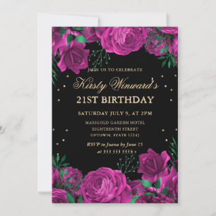 Pink and Gold Roses Border Floral 21st Birthday Invitation