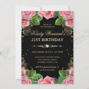 Pink and Gold Roses Floral 21st Birthday Invitation