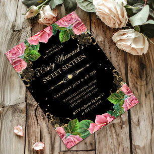 Pink and Gold Roses Floral Sweet Sixteen Invitation