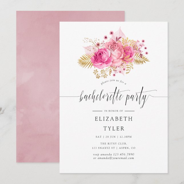 Pink and Gold Roses Watercolor Bachelorette Party Invitation (Front/Back)