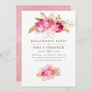 Pink and Gold Roses Watercolor Engagement Party Invitation