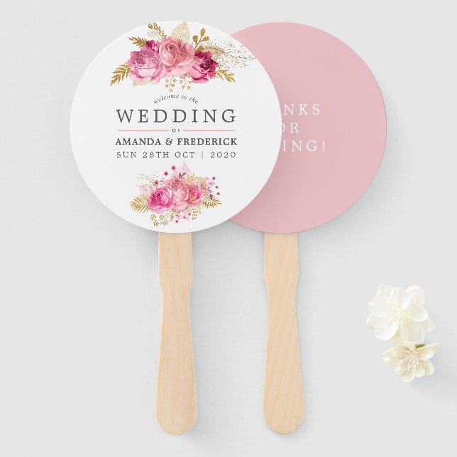 Pink and Gold Roses Watercolor Wedding Favour Hand Fan (Front and Back)