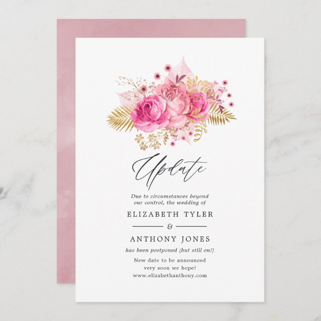 Pink and Gold Roses Wedding Update Invitation (Front/Back)