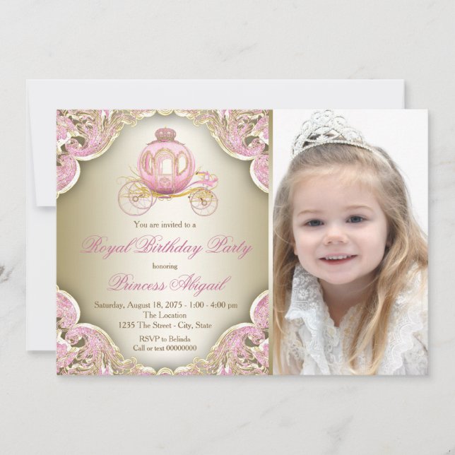 Pink and Gold Royal Princess Photo Birthday Party Invitation (Front)
