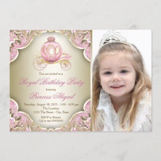 Pink and Gold Royal Princess Photo Birthday Party Invitation
