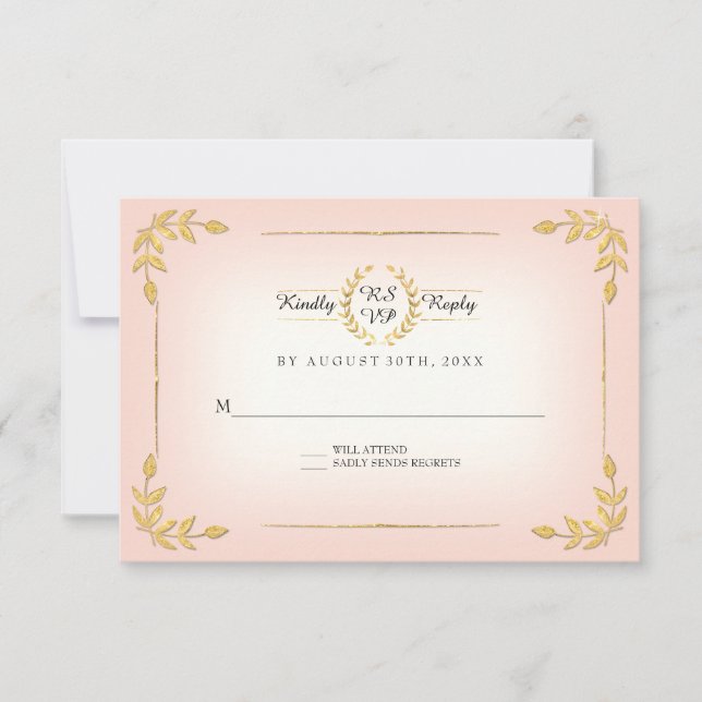Pink and Gold RSVP Modern Laurel Leaf Wreath Crown Card (Front)