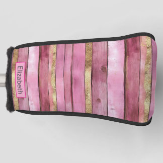 Pink and Gold Rustic Faux Wood Personalised Golf Head Cover