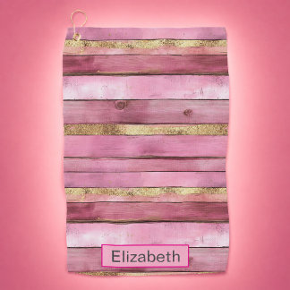 Pink and Gold Rustic Faux Wood Personalised Golf Towel