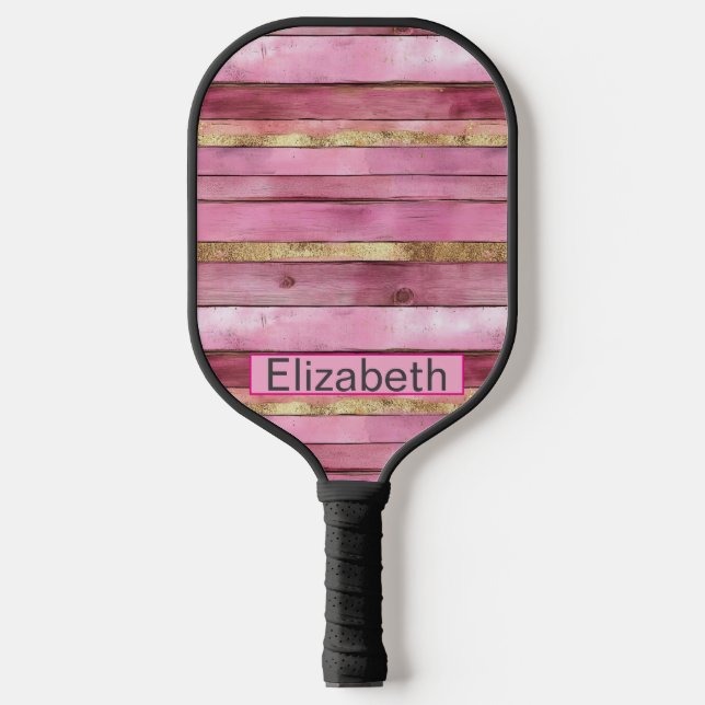 Pink and Gold Rustic Faux Wood Personalized Pickleball Paddle (Front)