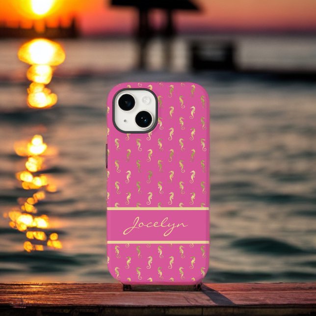 Pink and Gold Seahorses Pattern with Monogram iPhone Case (Creator Uploaded)