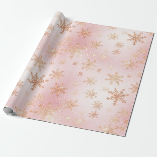 Pink and Gold Snowflake Bliss Wrapping Paper (Unrolled)