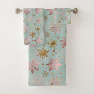 Pink and Gold Snowflake Pattern Bath Towel Set