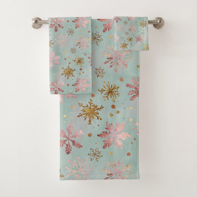 Pink and Gold Snowflake Pattern Bath Towel Set (Insitu)