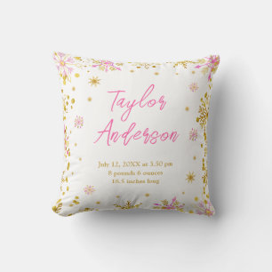 Pink and Gold Snowflakes Baby Birth Statistics Cushion