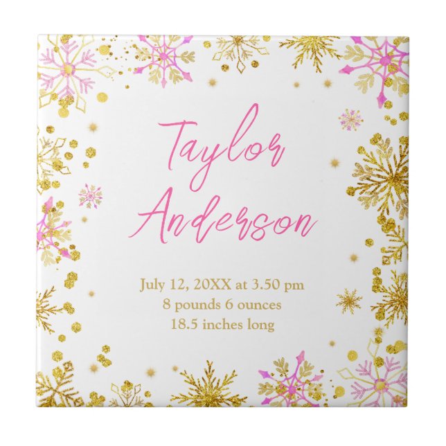 Pink and Gold Snowflakes Baby Birth Statistics Tile (Front)
