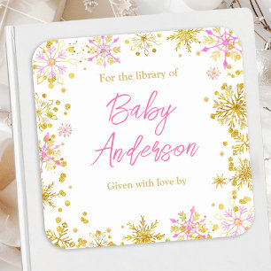 Pink and Gold Snowflakes Baby Shower Bookplate Square Sticker