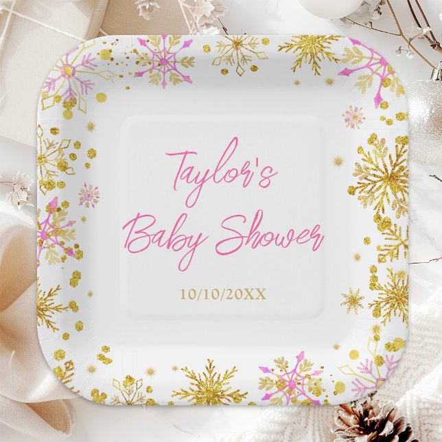 Pink and Gold Snowflakes Baby Shower Paper Plate (Creator Uploaded)
