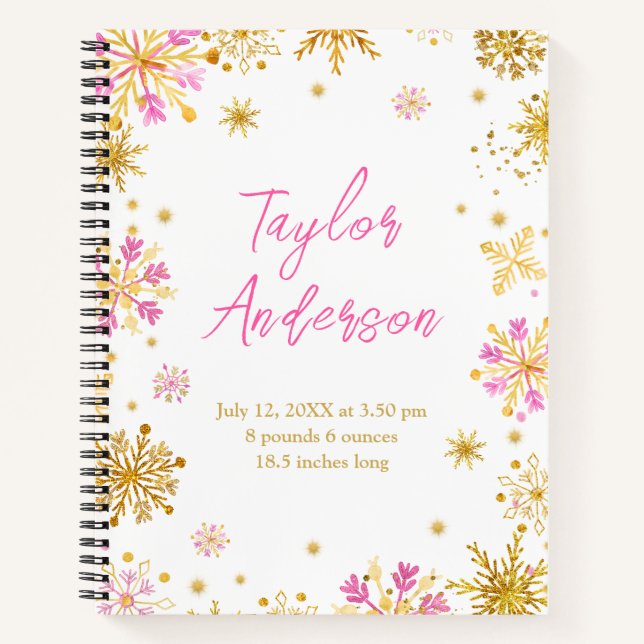 Pink and Gold Snowflakes Birth Stats Notebook (Front)