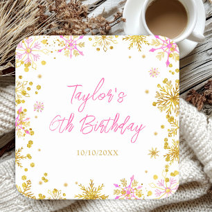 Pink and Gold Snowflakes Birthday Party Square Paper Coaster