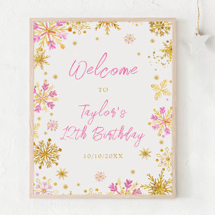 Pink and Gold Snowflakes Birthday Party Welcome Poster