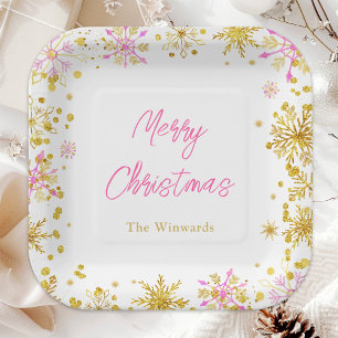 Pink and Gold Snowflakes Christmas Party Paper Plate
