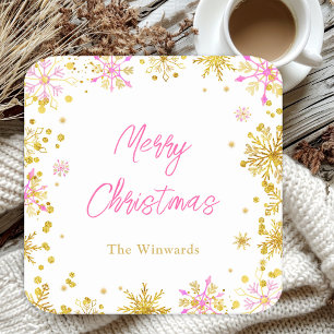 Pink and Gold Snowflakes Christmas Party Square Paper Coaster