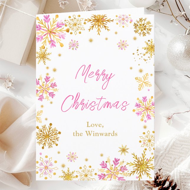 Pink and Gold Snowflakes Merry Christmas Holiday Card (Creator Uploaded)