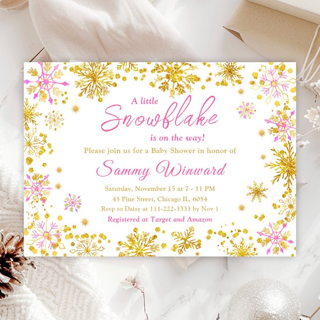 Pink and Gold Snowflakes Winter Baby Shower Invitation (Creator Uploaded)