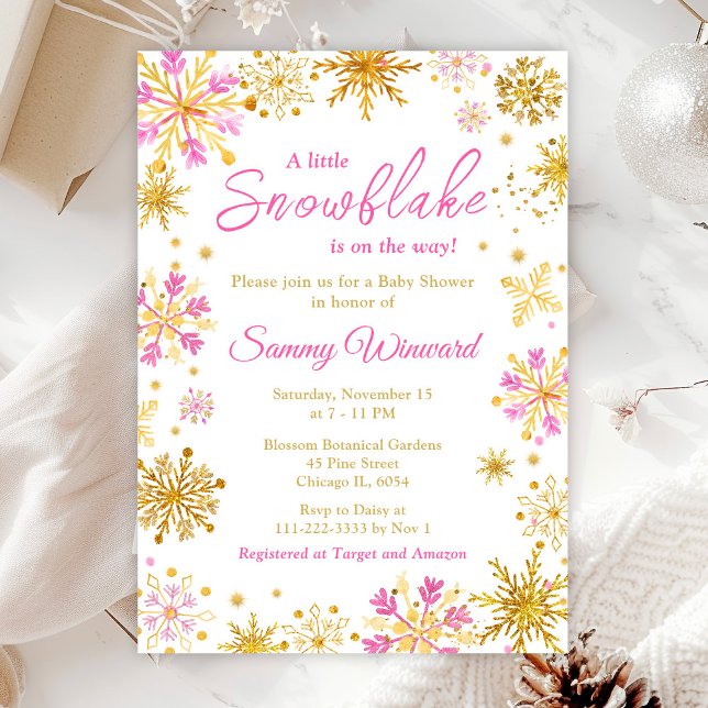 Pink and Gold Snowflakes Winter Baby Shower Invitation (Creator Uploaded)
