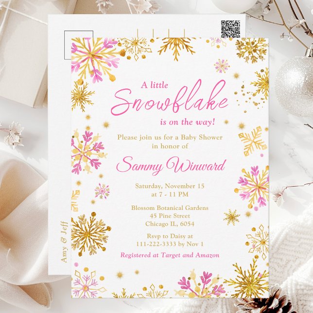 Pink and Gold Snowflakes Winter Baby Shower Postcard (Creator Uploaded)
