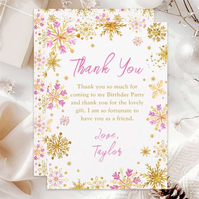 Pink and Gold Snowflakes Winter Birthday Party Thank You Card (Creator Uploaded)