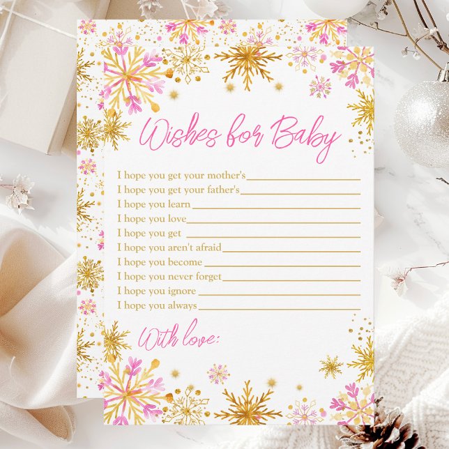 Pink and Gold Snowflakes Wishes For Baby Invitation (Creator Uploaded)