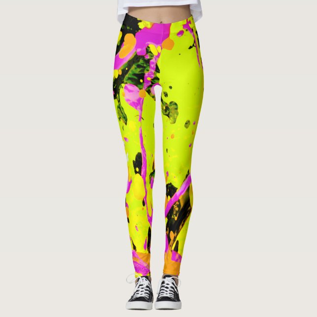 Pink and Gold Splatter Paint Abstract Leggings (Front)