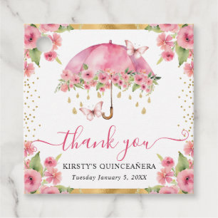 Pink and Gold Spring Umbrella Quinceanera Favour Tags