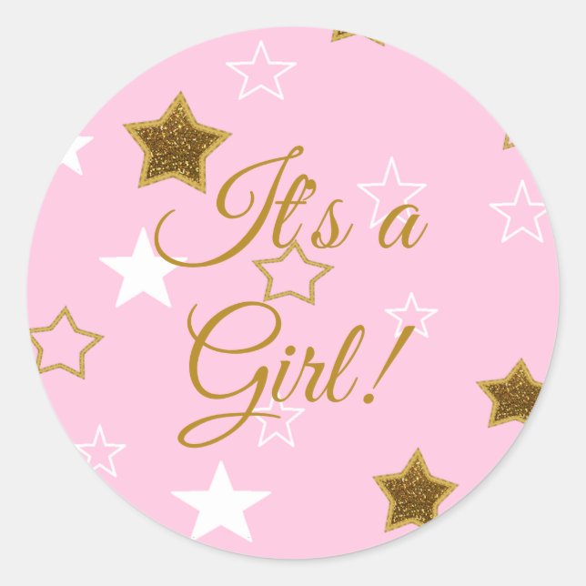 Pink and Gold Stars Its a Girl Baby Shower Sticker (Front)