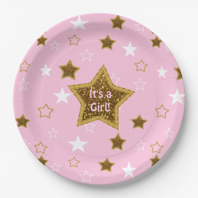 Pink and Gold Stars Its a Girl Paper Plates (Front)