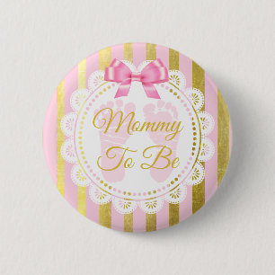 Pink and Gold Striped Bow Mummy to Be Button