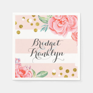 pink and gold stripes confetti floral wedding napkin