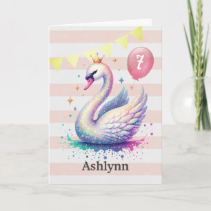 Pink and Gold Swan Princess 7th Birthday Card