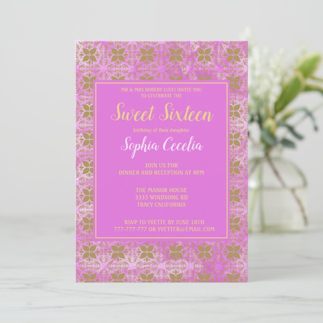 Pink and Gold Sweet 16 Invitation (Standing Front)