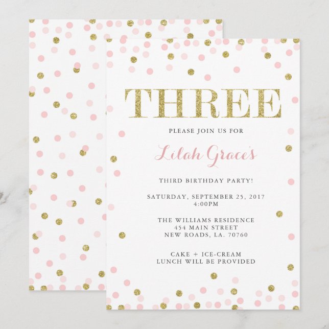 Pink and Gold Third Birthday Invitations (Front/Back)